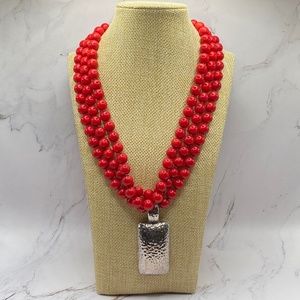 Simon Sebag Triple Strand Red Coral Necklace Sterling Silver Pendant